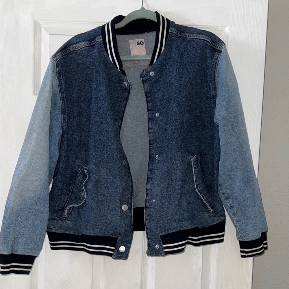 SO Two-Tone Denim Bomber Jacket in Dark and Light Blue